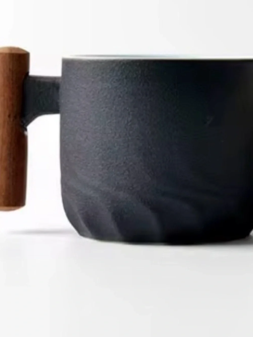 Matte Black Ceramic Coffee Mug with Wooden Handle
